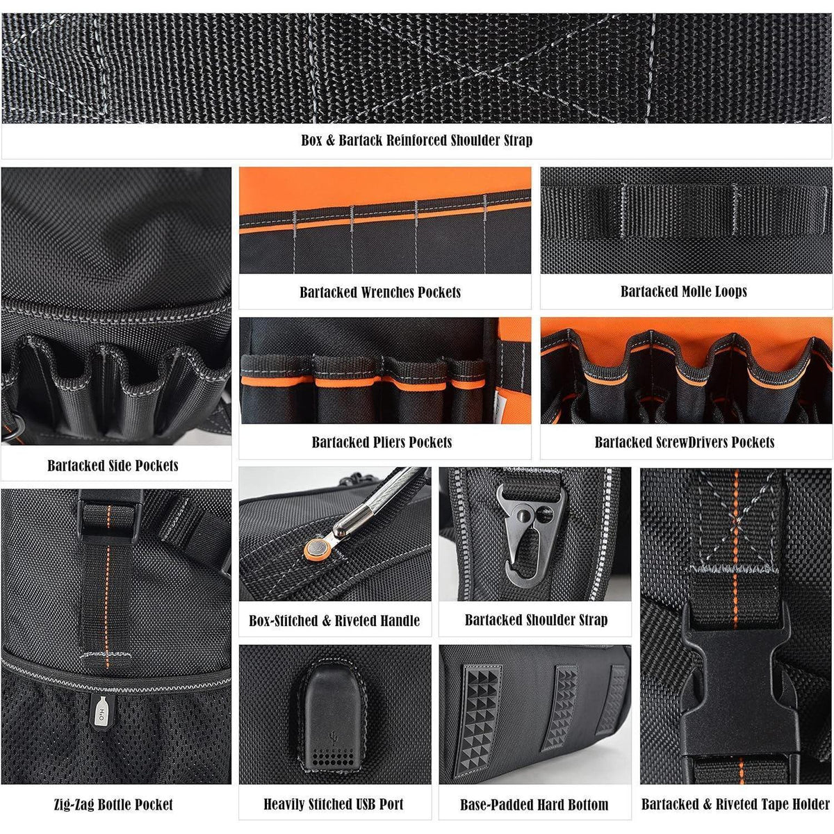 Werkzeugrucksack mit 44 Taschen, vollständig zu öffnen, orangefarbenes Innenfutter