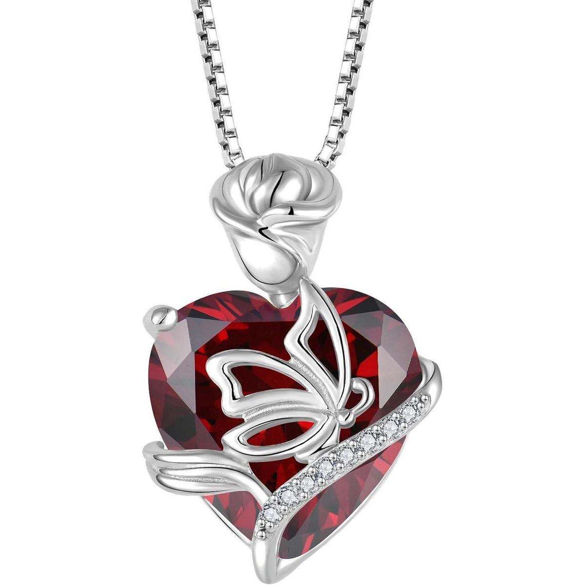 Geburtsstein Kette Damen 925 Sterling Silber Schmetterling Rose Blume Granat