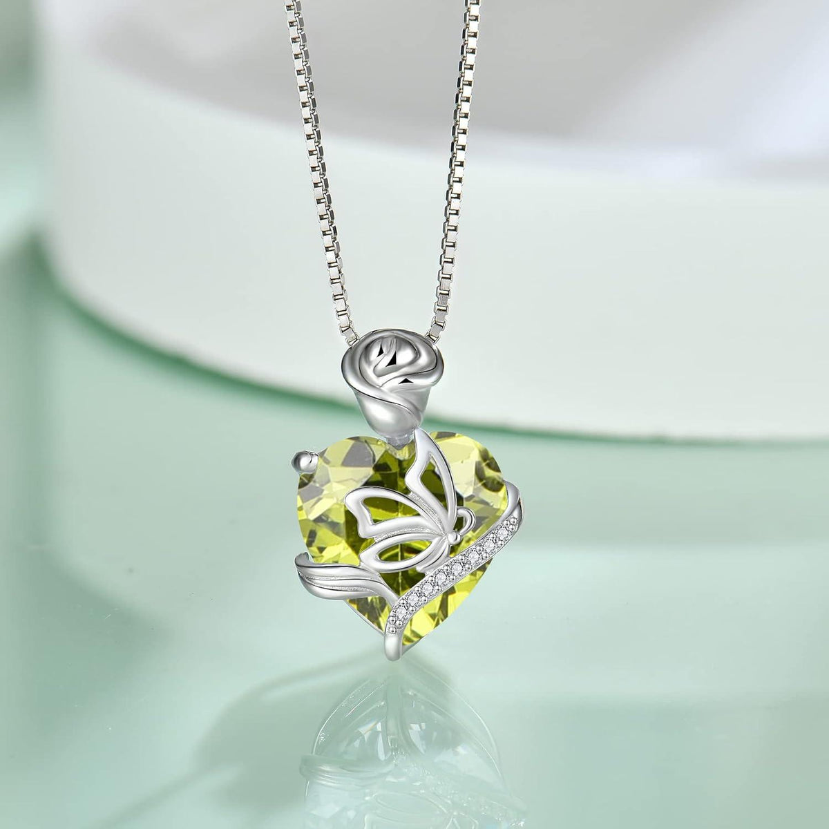 Geburtsstein Herz Kette 925 Sterling Silber Schmetterling Anhänger