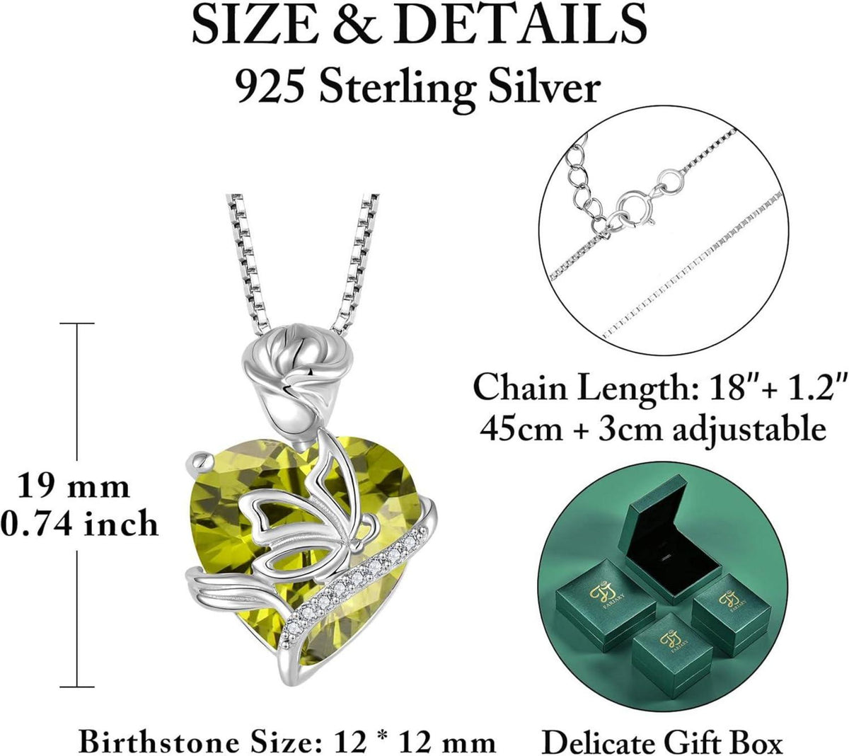 Herz Geburtsstein Kette Damen 925 Sterling Silber Schmetterling Rose