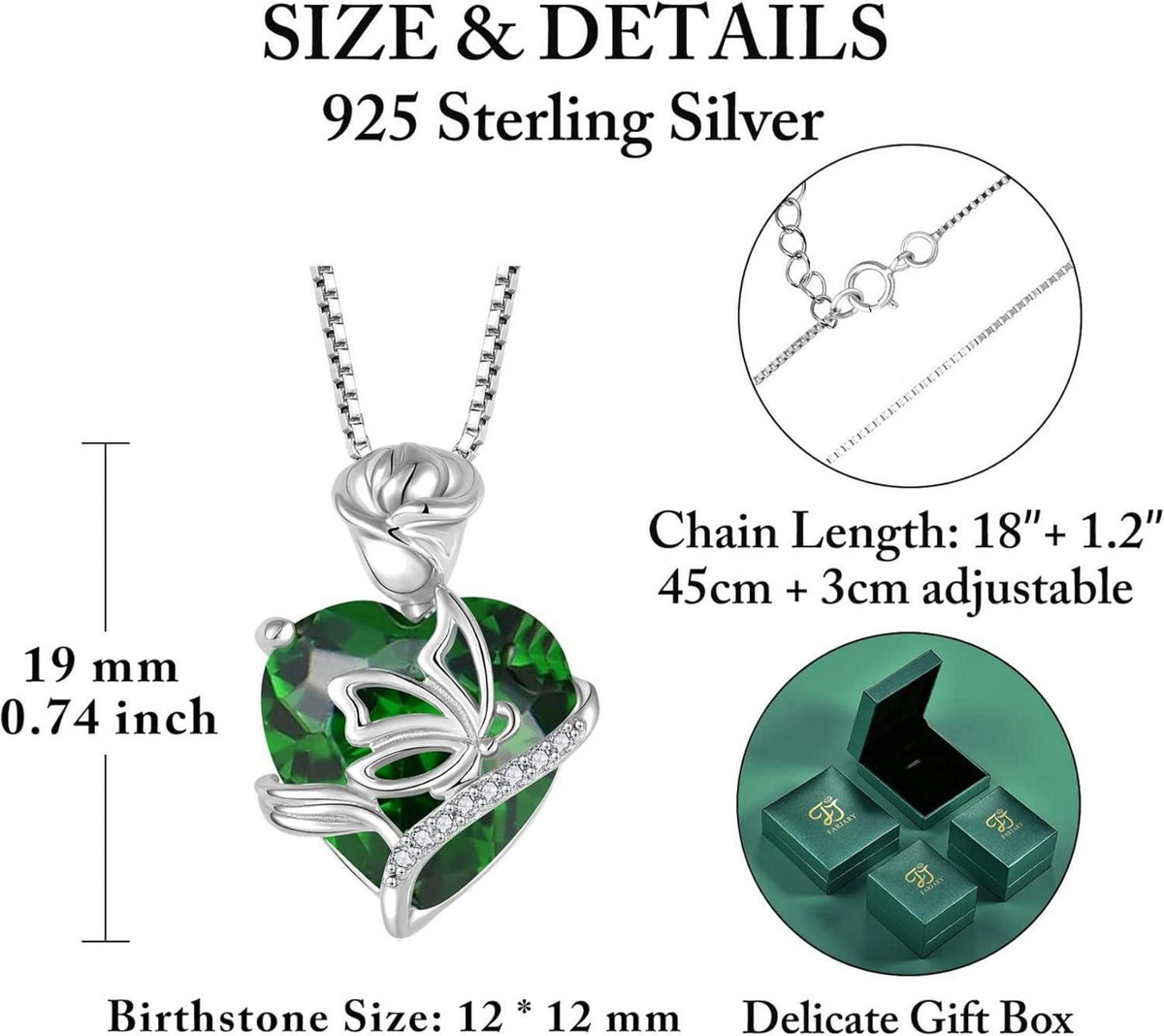 Herz Geburtsstein Kette Damen 925 Sterling Silber Schmetterling Rose
