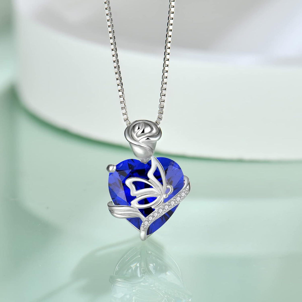 FJ Herz Geburtsstein Kette Sterling Silber Schmetterling Anhänger