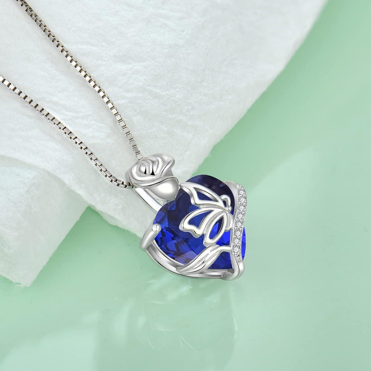 Herz Geburtsstein Kette Damen 925 Sterling Silber Saphir Halskette