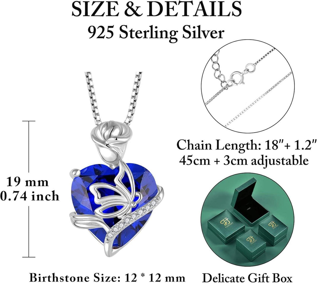 Herz Geburtsstein Kette Damen 925 Silber Saphir Schmetterling Rose