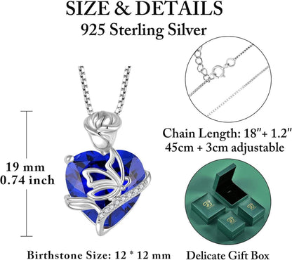Herz Geburtsstein Kette Damen 925 Silber Saphir Schmetterling Rose