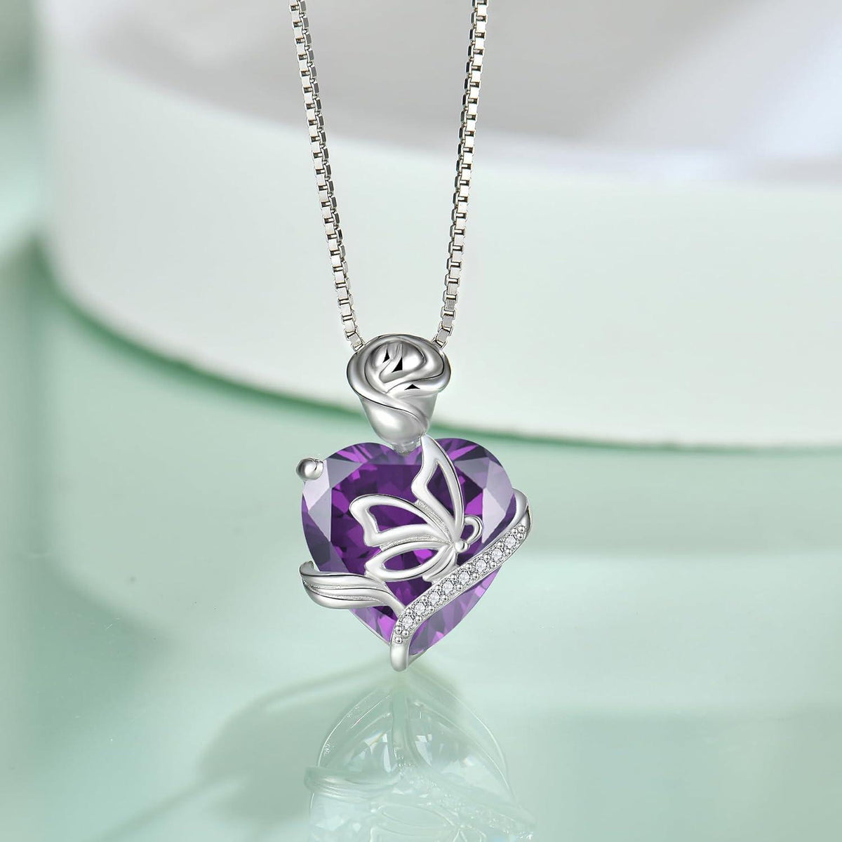 Geburtsstein Kette Damen 925 Sterling Silber Amethyst Schmetterling Blume