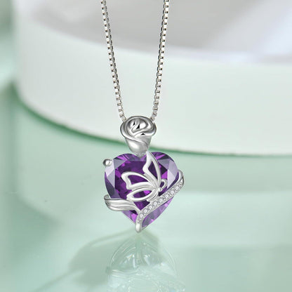 Geburtsstein Kette Damen 925 Sterling Silber Amethyst Schmetterling Blume