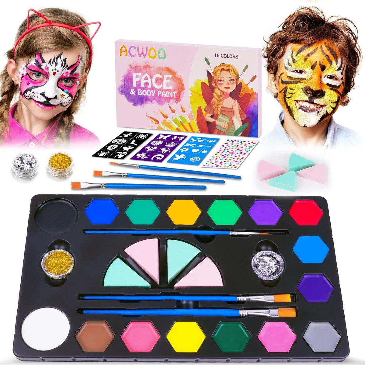 Kinderschminke Set mit 16 Farben, Pinsel, Glitzer und Schwämme