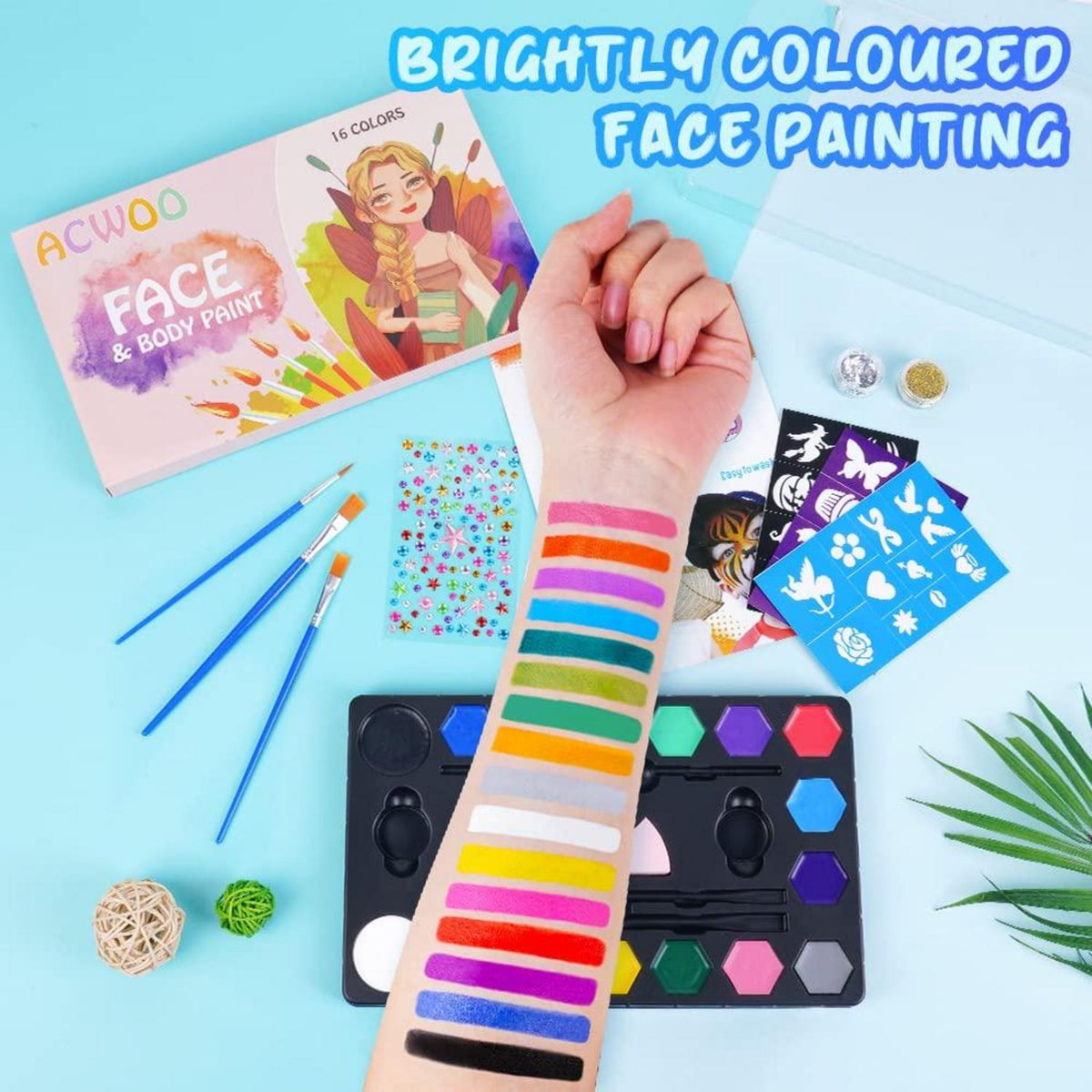 Kinderschminke Set mit 16 Farben, Pinsel, Glitzer und Schwämme
