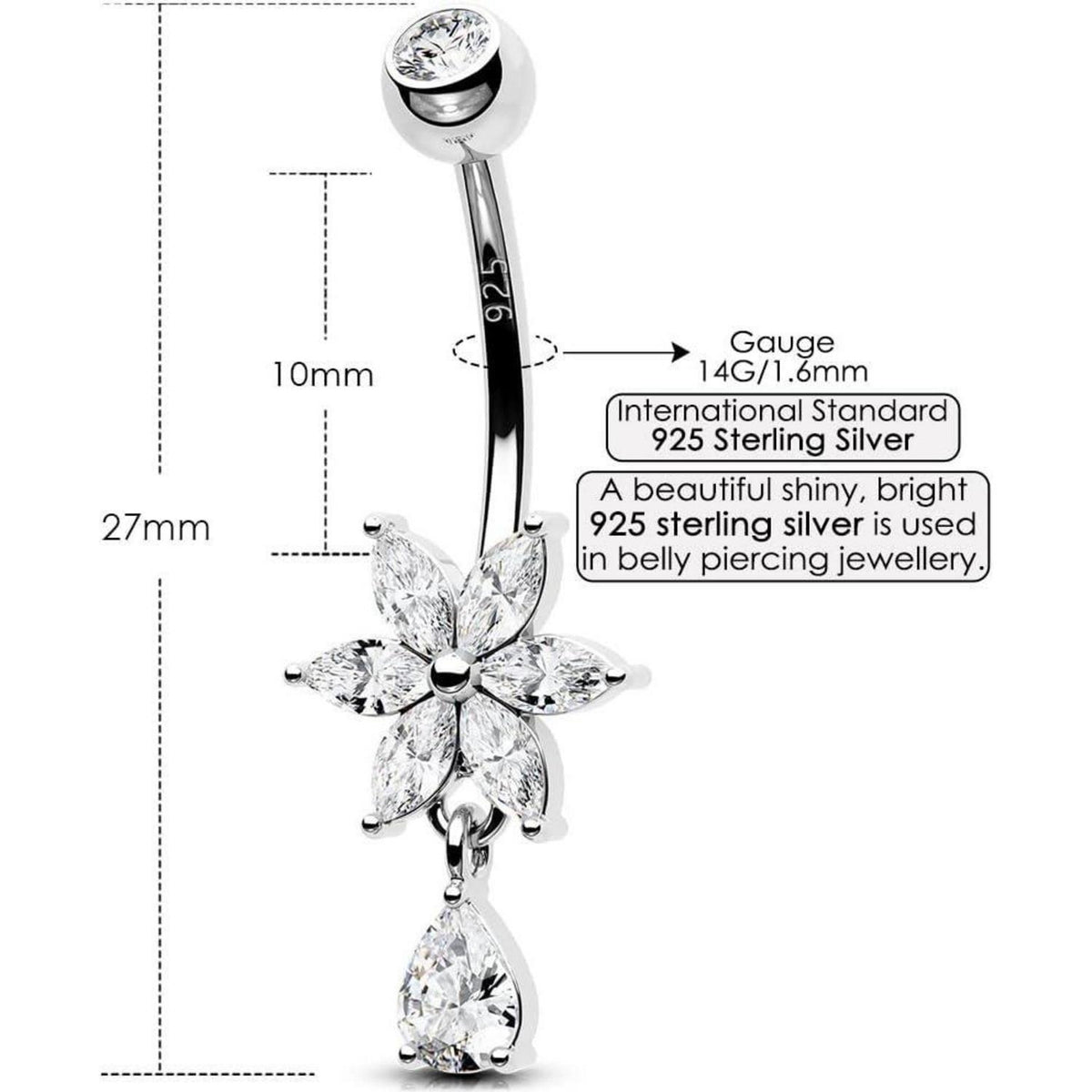 Bauchnabelpiercing Herz 925 Silber 14G 10mm Dangle CZ