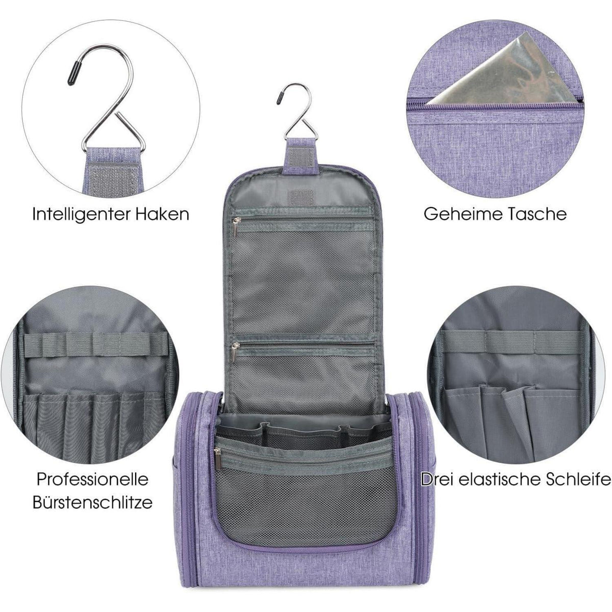 Große Kulturtasche zum Aufhängen, Reise-Waschtasche mit vielen Fächern, Violett