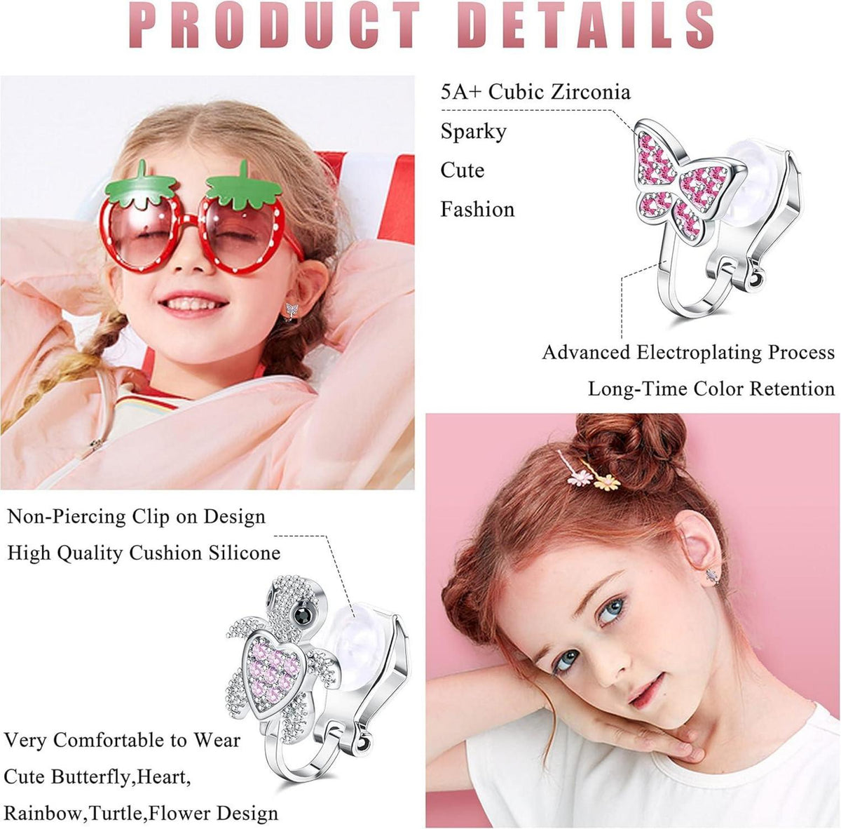 Clip-on Ohrringe Kinder Mädchen 8er Set Herz Stern Blumen Schildkröten Rosa