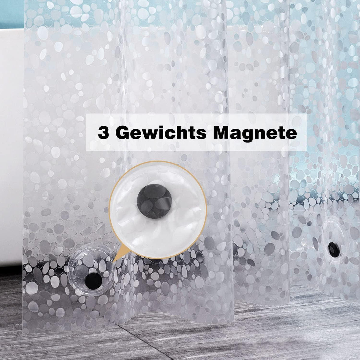 Duschvorhang 200x200cm mit Magneten, 3D Kieselsteinmuster, Transparent
