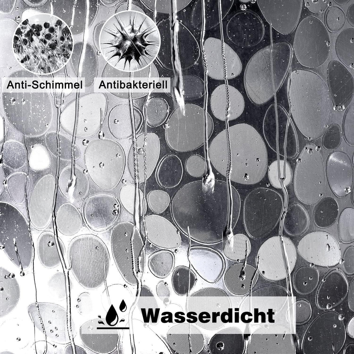Duschvorhang 200x200cm mit Magneten, 3D Kieselsteinmuster, Transparent