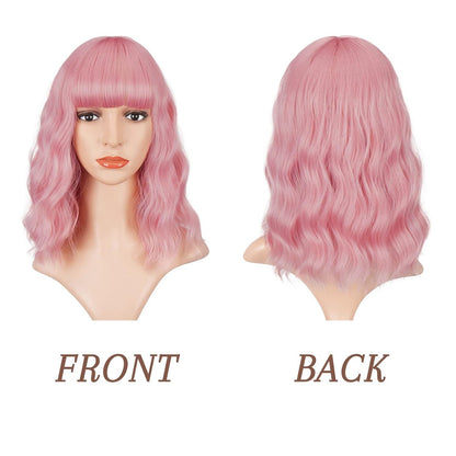 Kurze Bob Perücke mit Pony Lockige Gewellte Rosa Cosplay Welle Frauen