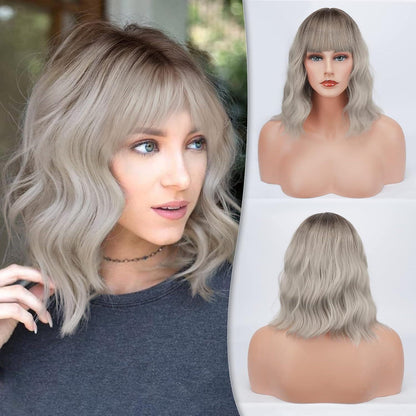 Kurze Bob Perücke Lockige Gewellte Synthetische Cosplay Ombre Grau