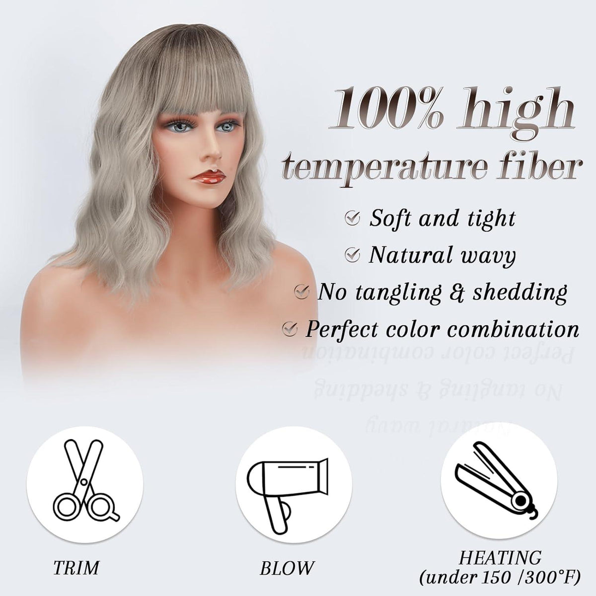 Kurze Bob Perücke mit Pony grau Ombre Synthetik Haar Frauen