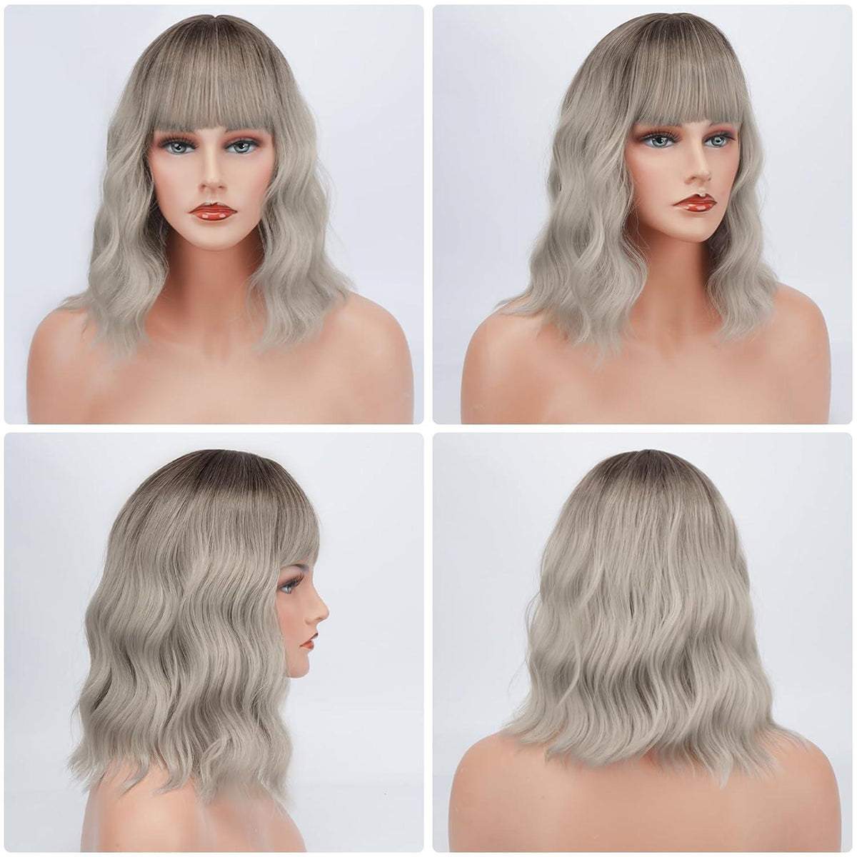 Kurze Bob Perücke mit Pony Schulterlang Lockige Synthetische Cosplay Perücke Ombre Grau