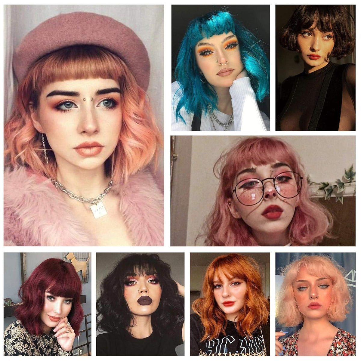 Kurze Bob Perücke Pony Schulterlang grau lockig Cosplay Ombre