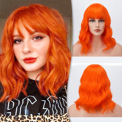 Kurze Bob Perücke Lockige Gewellte Bunte Natürliche Orange