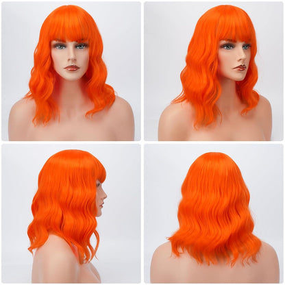 Kurze Bob Perücke mit Pony Lockige Gewellte Cosplay Perücke 14 Zoll Orange