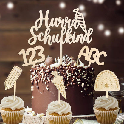 Holz Tortendeko Einschulung Cake Topper Set ABC 123 Zuckertüte