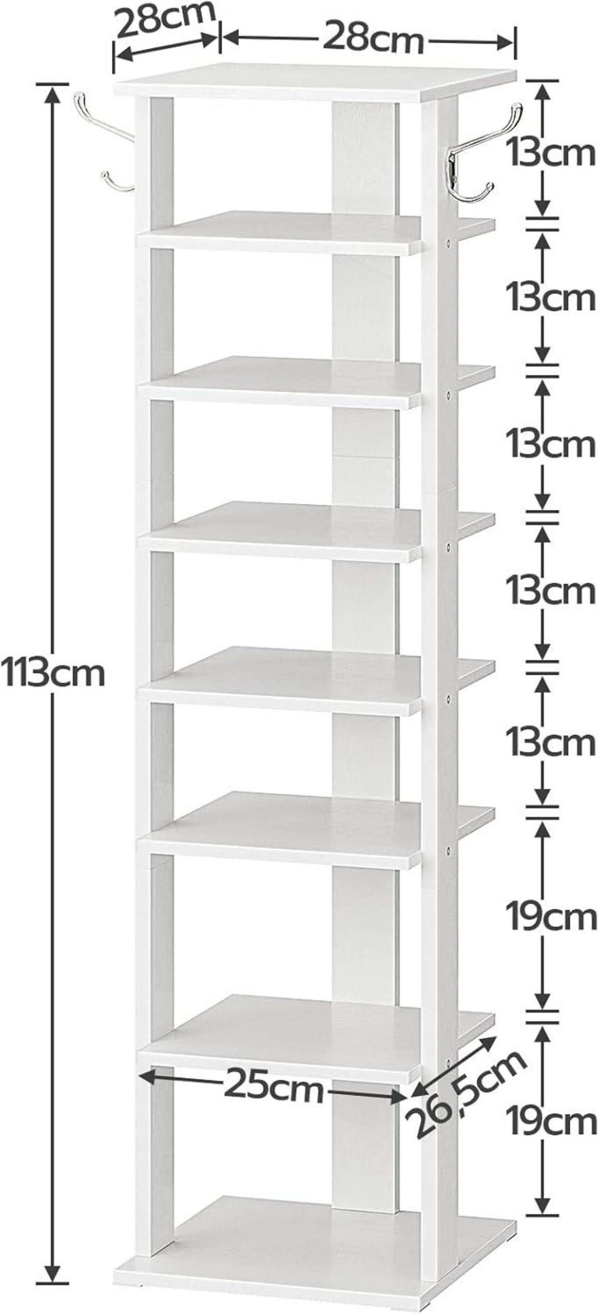 8-lagiges Schuhregal mit 2 Haken, weiß, stabil, platzsparend