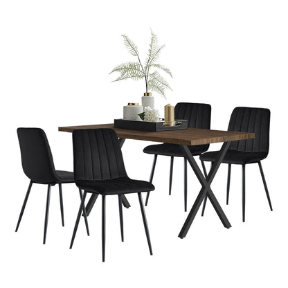 Esstisch Set 140x80cm mit 4 Samtstühlen Braun