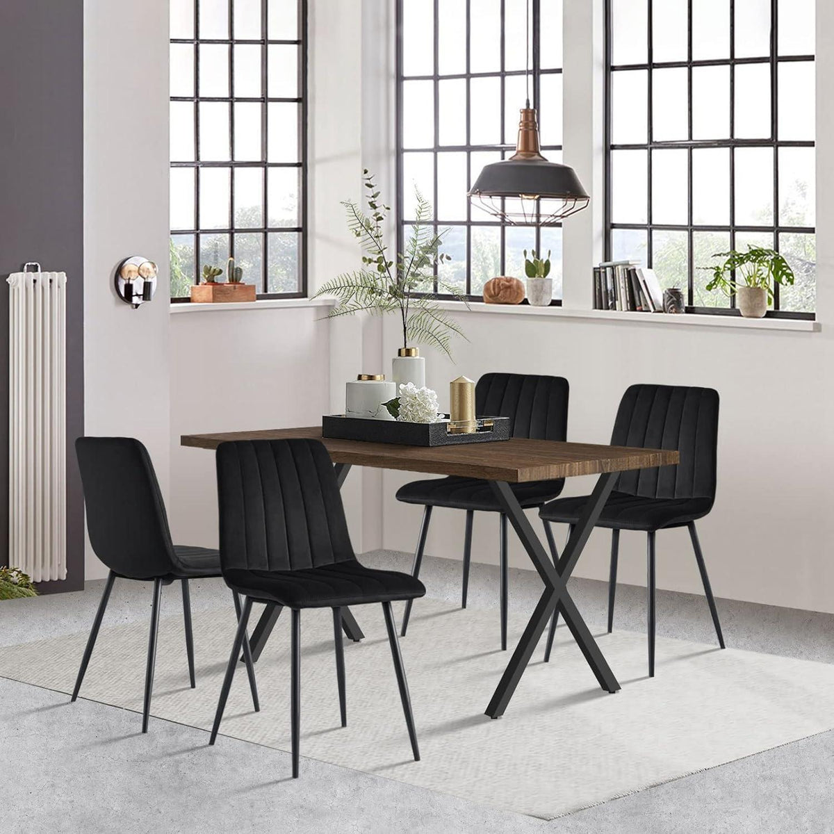 Esstisch Set 140x80cm mit 4 Samtstühlen Braun