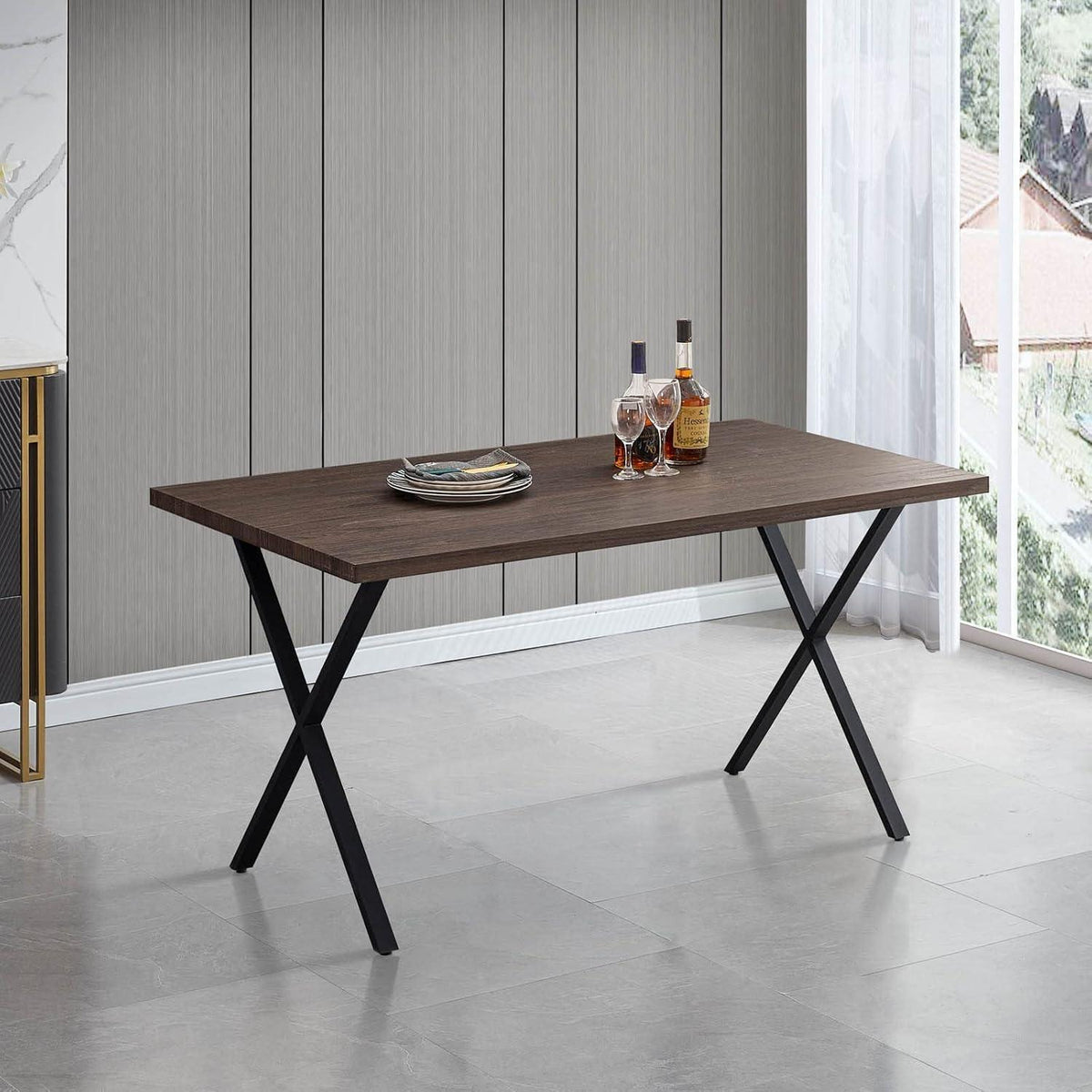Esstisch Set 140x80cm mit 4 Samtstühlen Braun