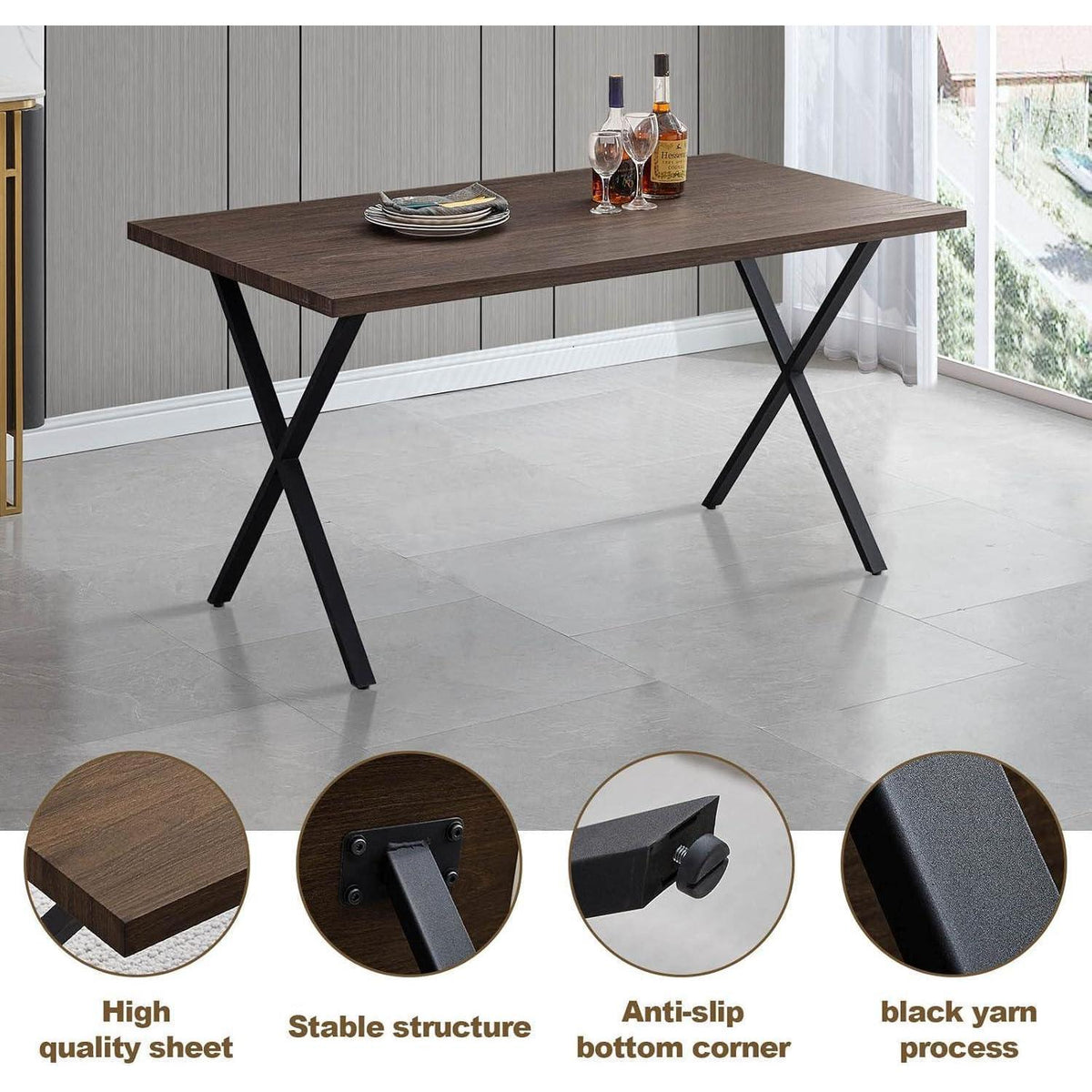 Esstisch Set 140x80cm mit 4 Samtstühlen Braun