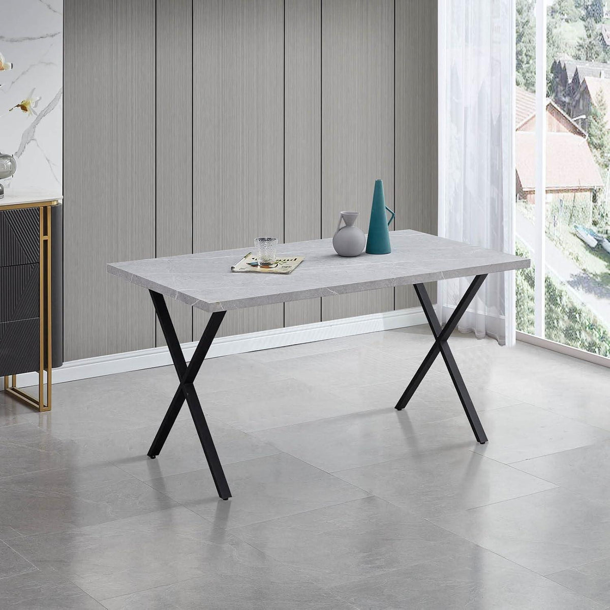 Esstisch Set 140x80cm mit 4 Samtstühlen Grau