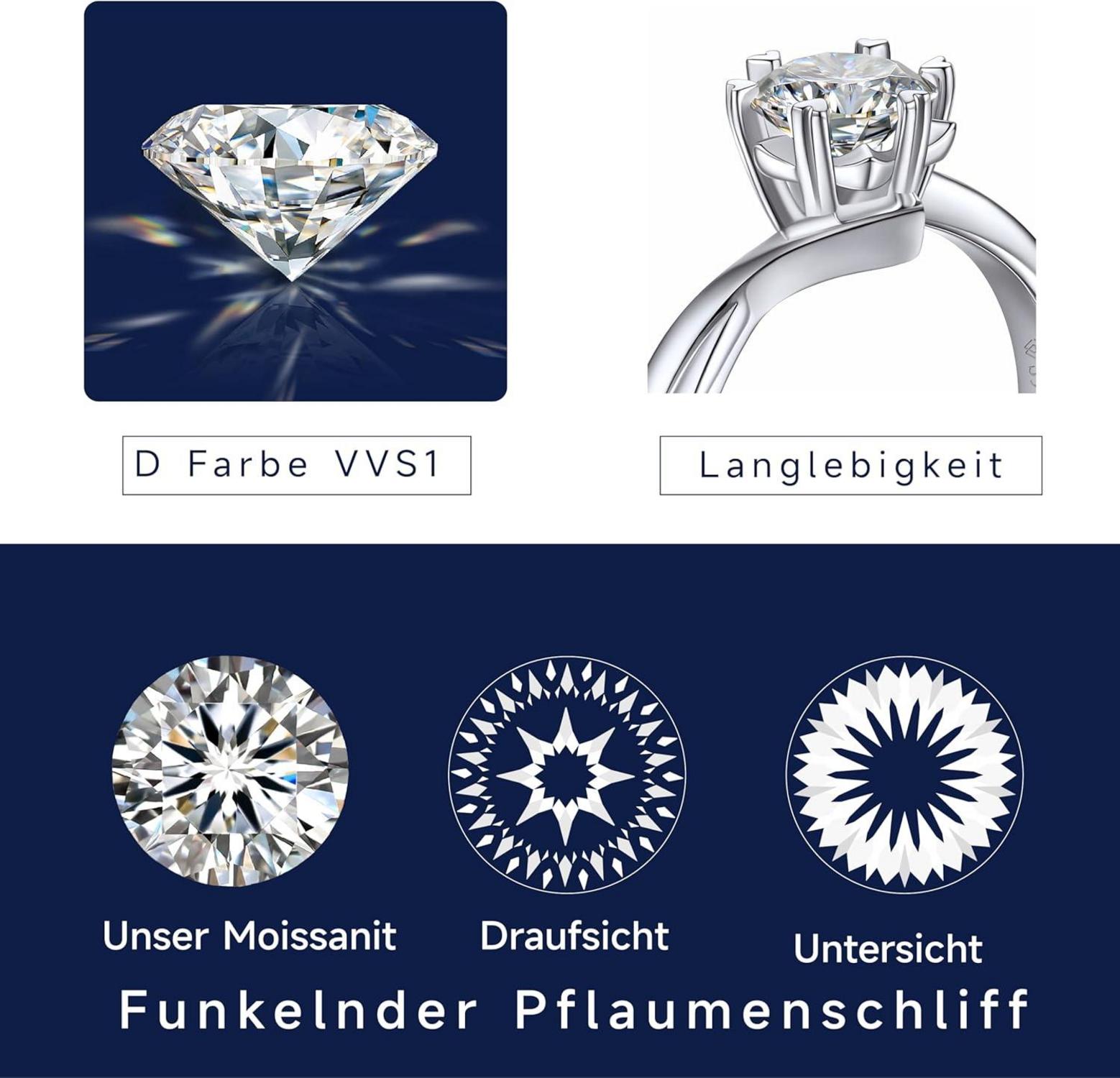 Verlobungsring 1 Karat Moissanit Silber 925 Schneeflocke Geschenkbox