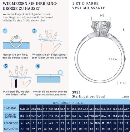 Verlobungsring Damen 1-2 Karat Moissainte Schneeflocke Silber 925