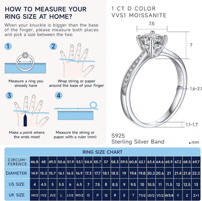 Verlobungsring Damen 1 Karat Moissanit Diamant 925 Silber VVS1 D Farbe