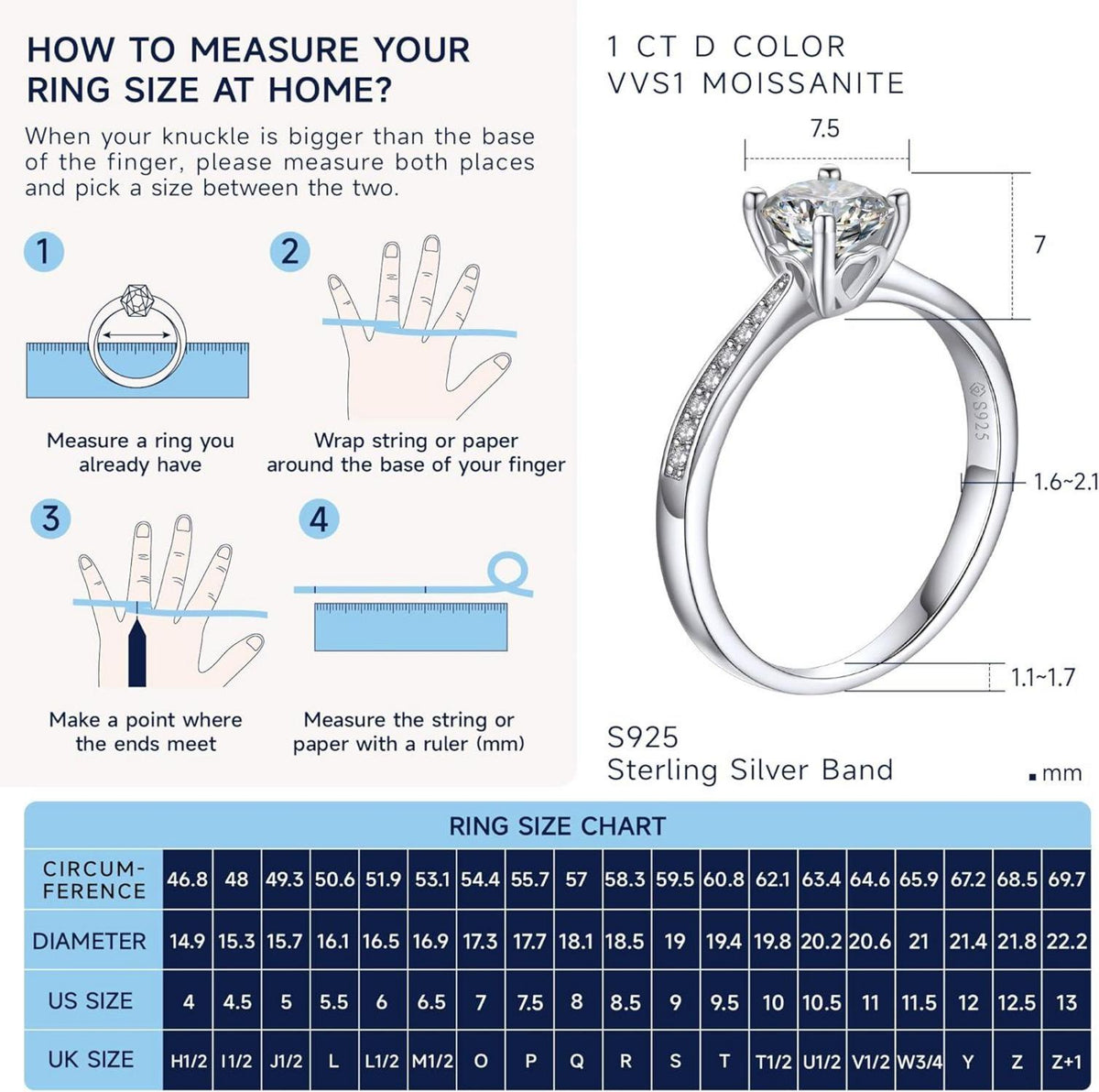 Verlobungsring Damen 1 Karat Moissanite Diamant 925 Silber VVS1 D
