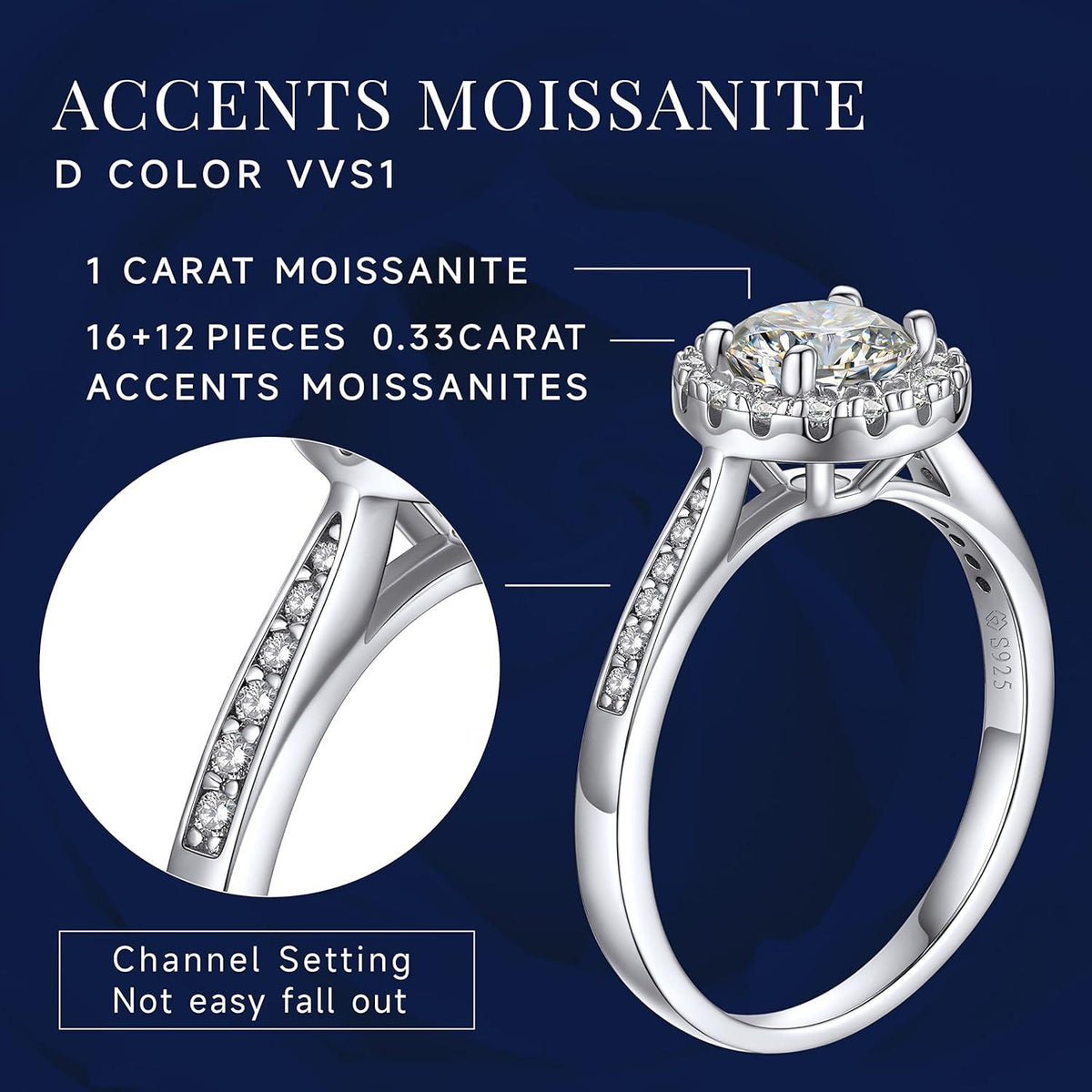 Verlobungsring Damen Silber 1 Karat Moissainte Ring 925 Halo Valentinstag Geschenk