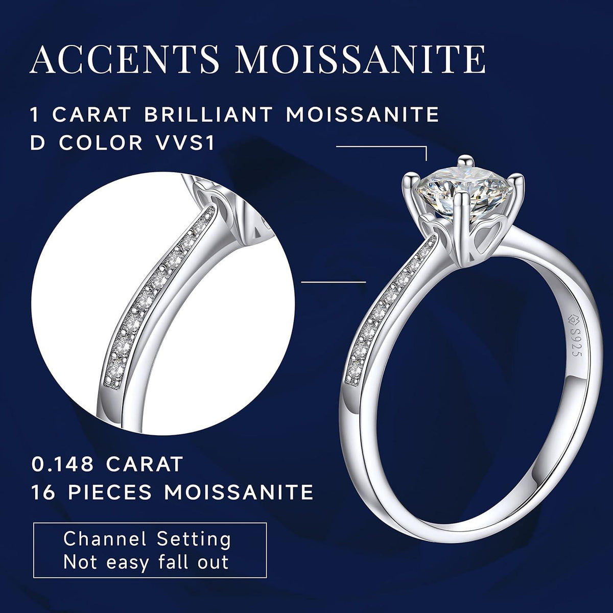 Moissanite Verlobungsring 1 Karat Damen 925 Sterling Silber VVS1 D