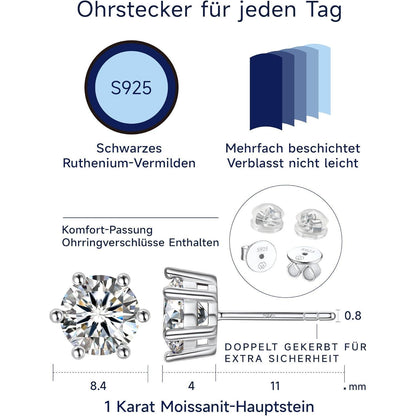 Moissanit Ohrstecker Silber 925, 1 Karat, 6-Zacken-Fassung, Geschenk für Frauen