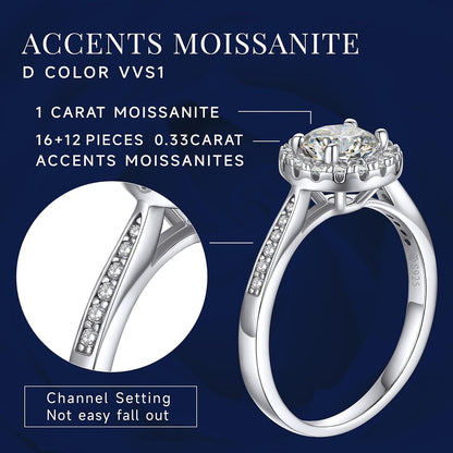 Verlobungsring Damen Silber 1 Karat Moissainte Ring 925 Halo Valentinstag Geschenk