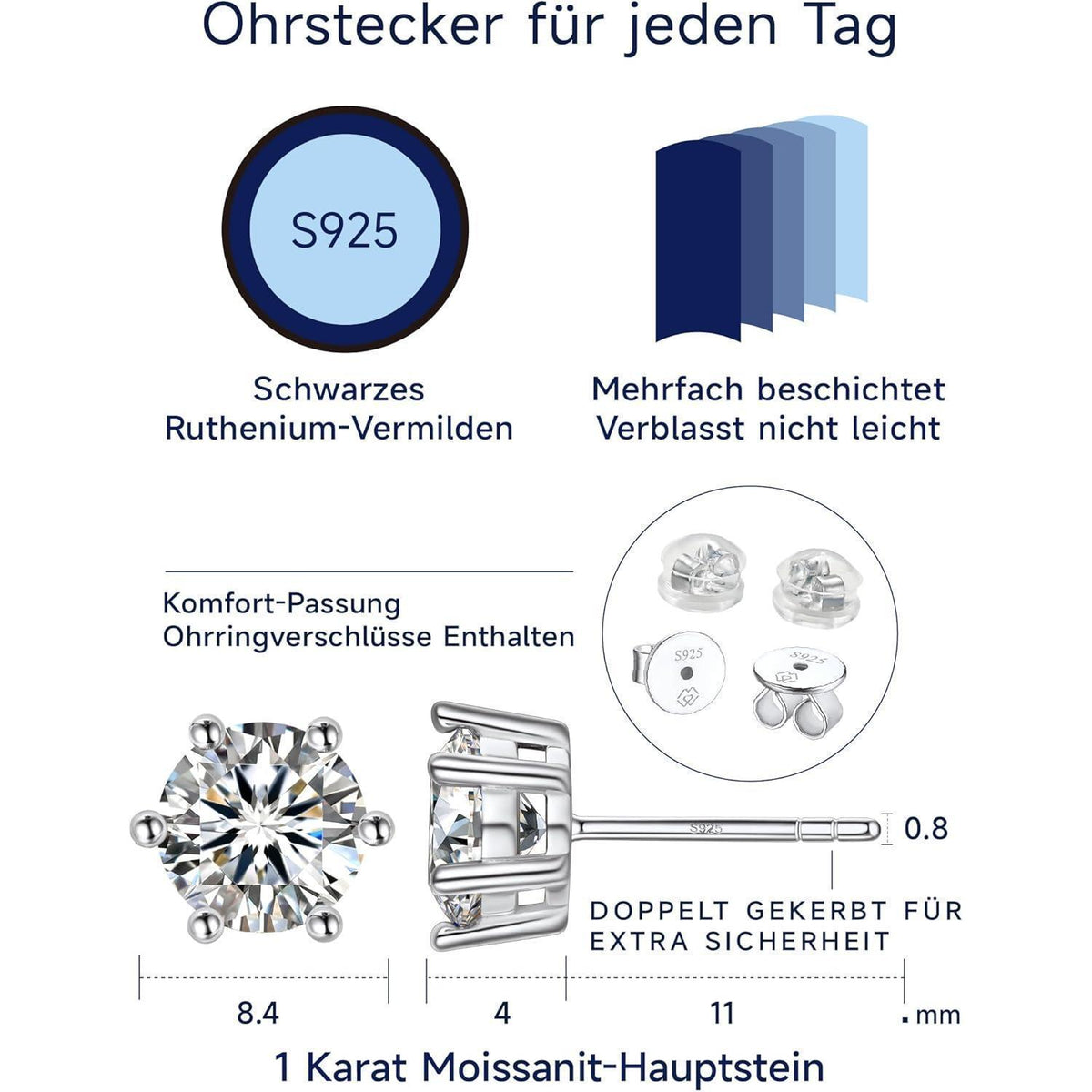 Moissanit Ohrstecker Silber 925 2 Karat 6.5mm 6-Zacken-Fassung