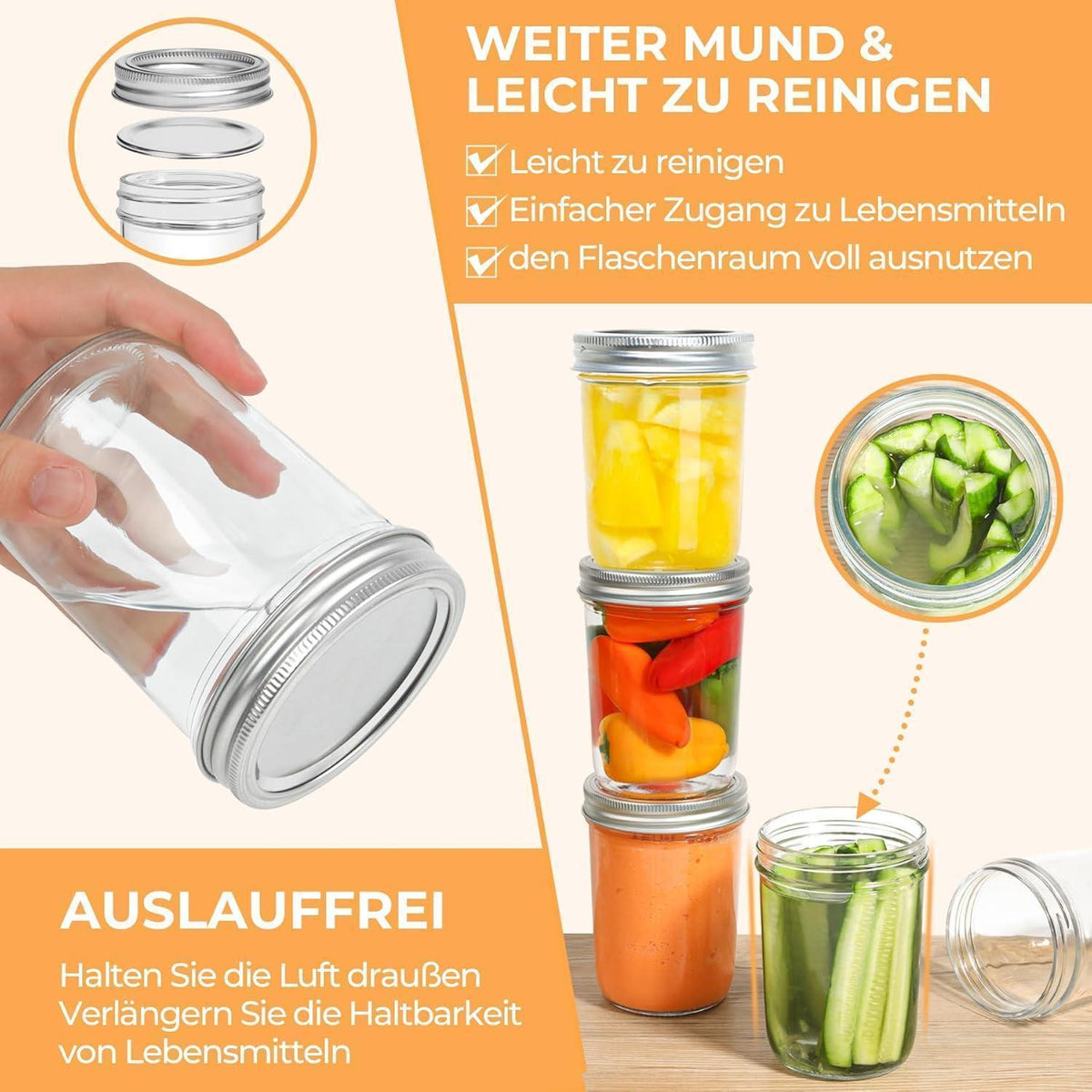 Einmachgläser 470ml mit Schraubdeckel, 8er Set, Klarglas