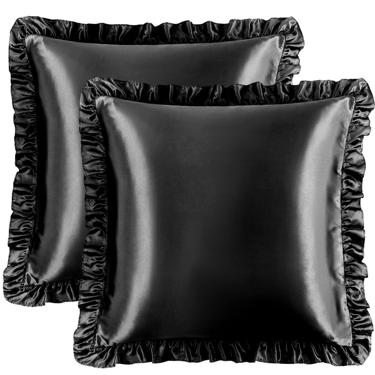 Satin Kissenbezug 2er Set mit Rüschen 80x80cm Schwarz