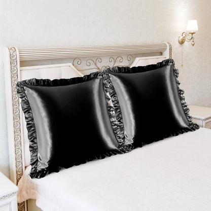 Satin Kissenbezug 2er Set mit Rüschen 80x80cm Schwarz