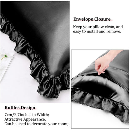 Satin Kissenbezug 2er Set mit Rüschen 80x80cm Schwarz