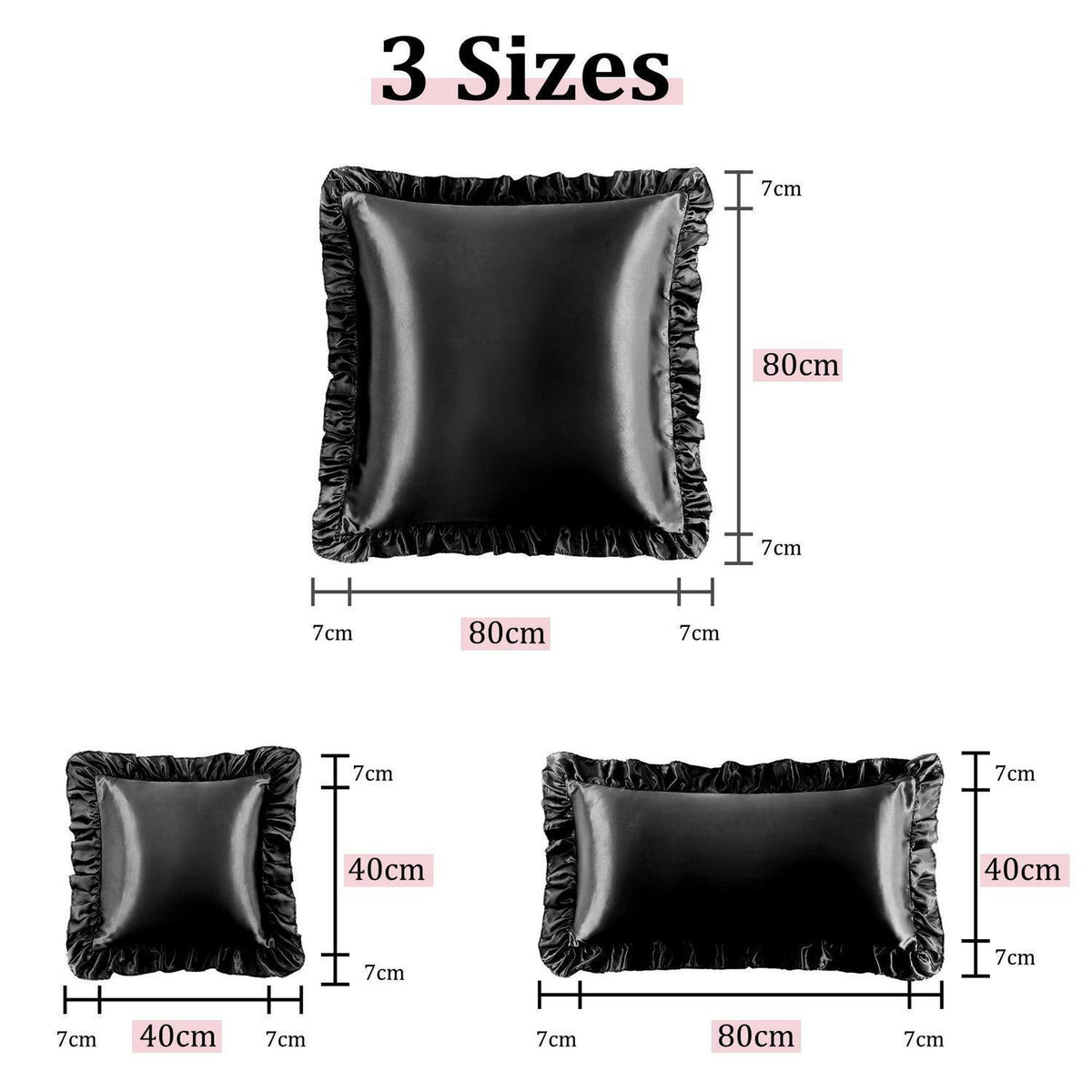 Satin Kissenbezug 2er Set mit Rüschen 80x80cm Schwarz