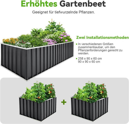 Hochbeet Metall 258x90x60cm für Garten, Verzinkter Stahl, Rostfrei & Wetterfest