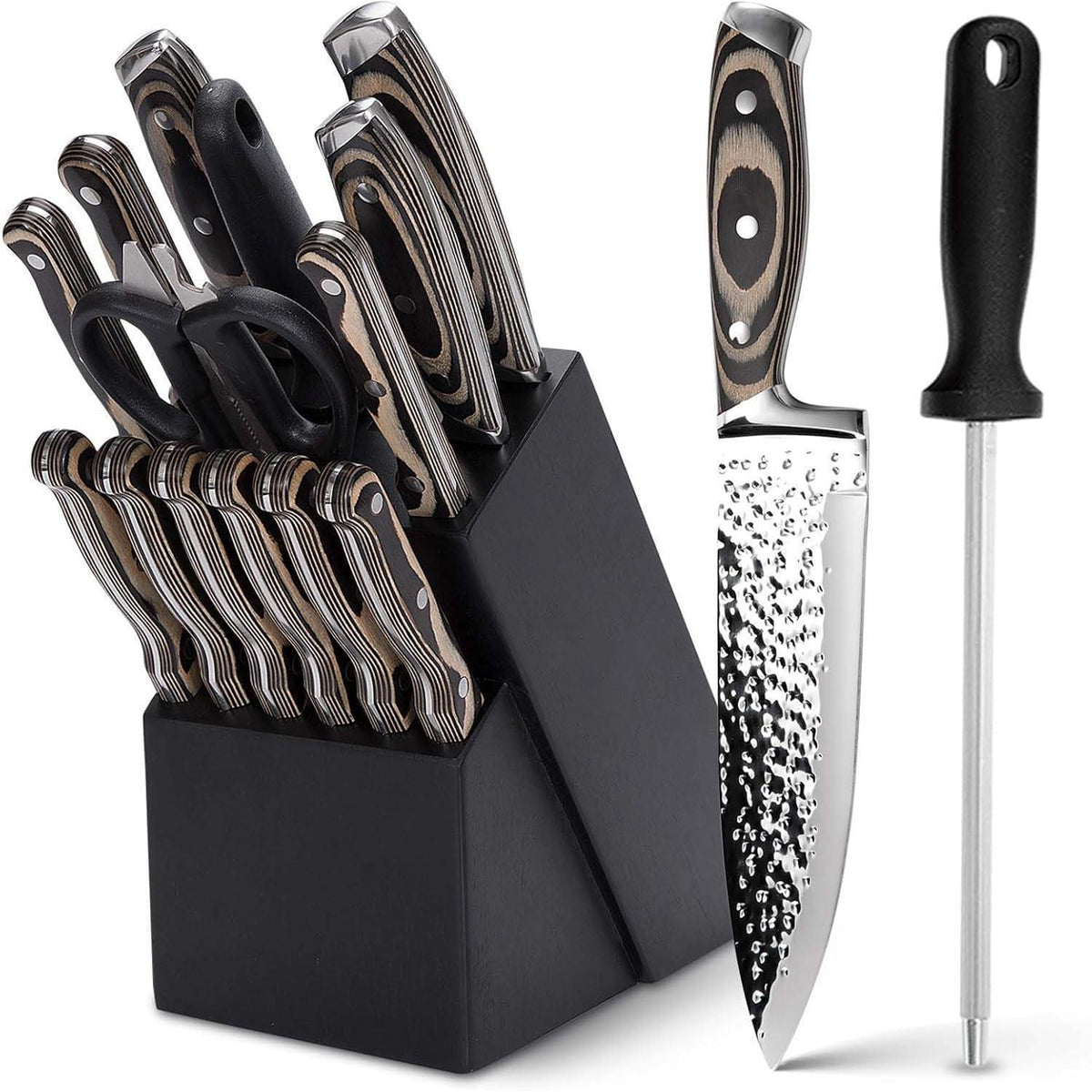 15-teiliges Küchenmesser-Set mit Messerblock, Edelstahl & Holzgriff
