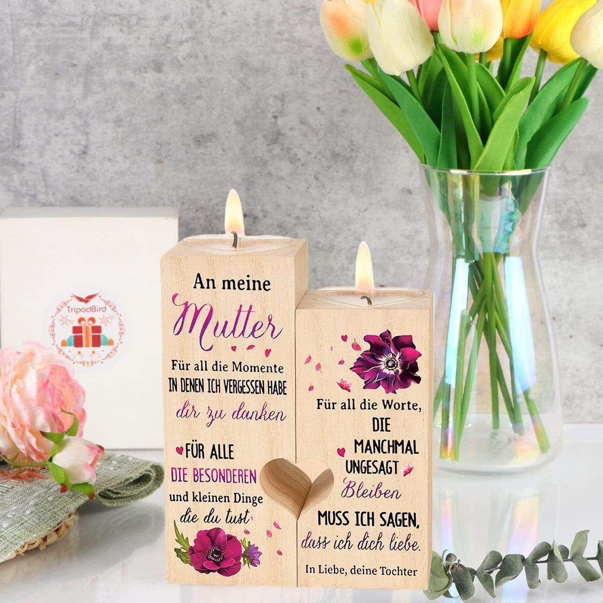 Holz Kerzenständer Herzform Mama Geschenk Teelichthalter Frauen Muttertag