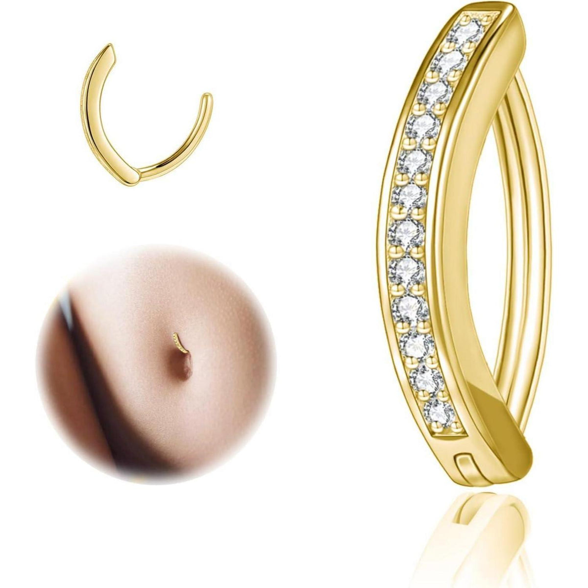 Bauchnabelpiercing 14G Silber 925 Clicker mit Diamanten, 10mm/12mm